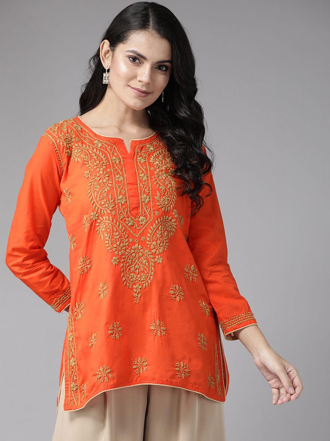 ada women orange & beige chikankari hand embroidered straight kurti