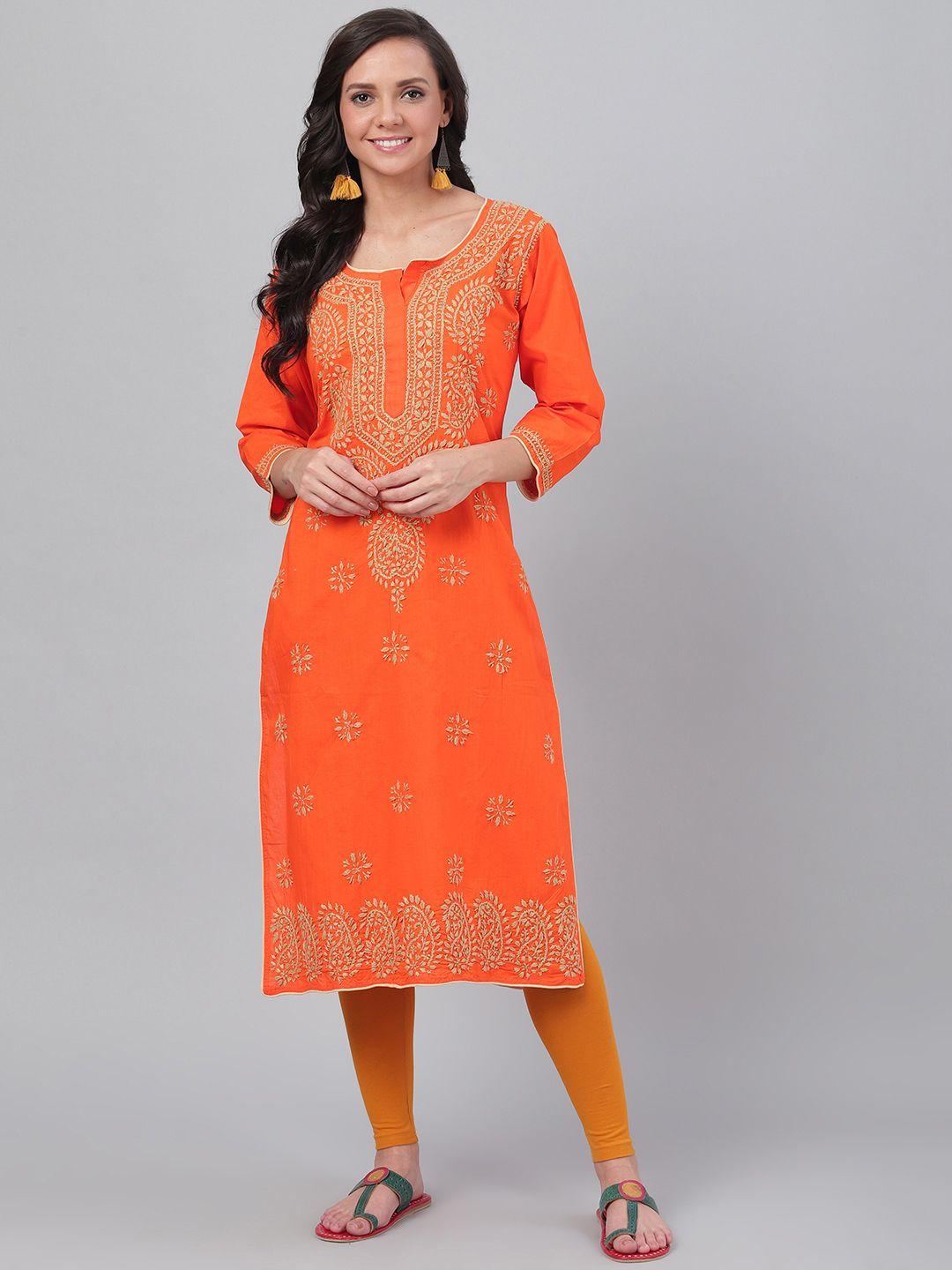 ada women orange & beige paisley chikankari hand-embroidered straight sustainable kurta