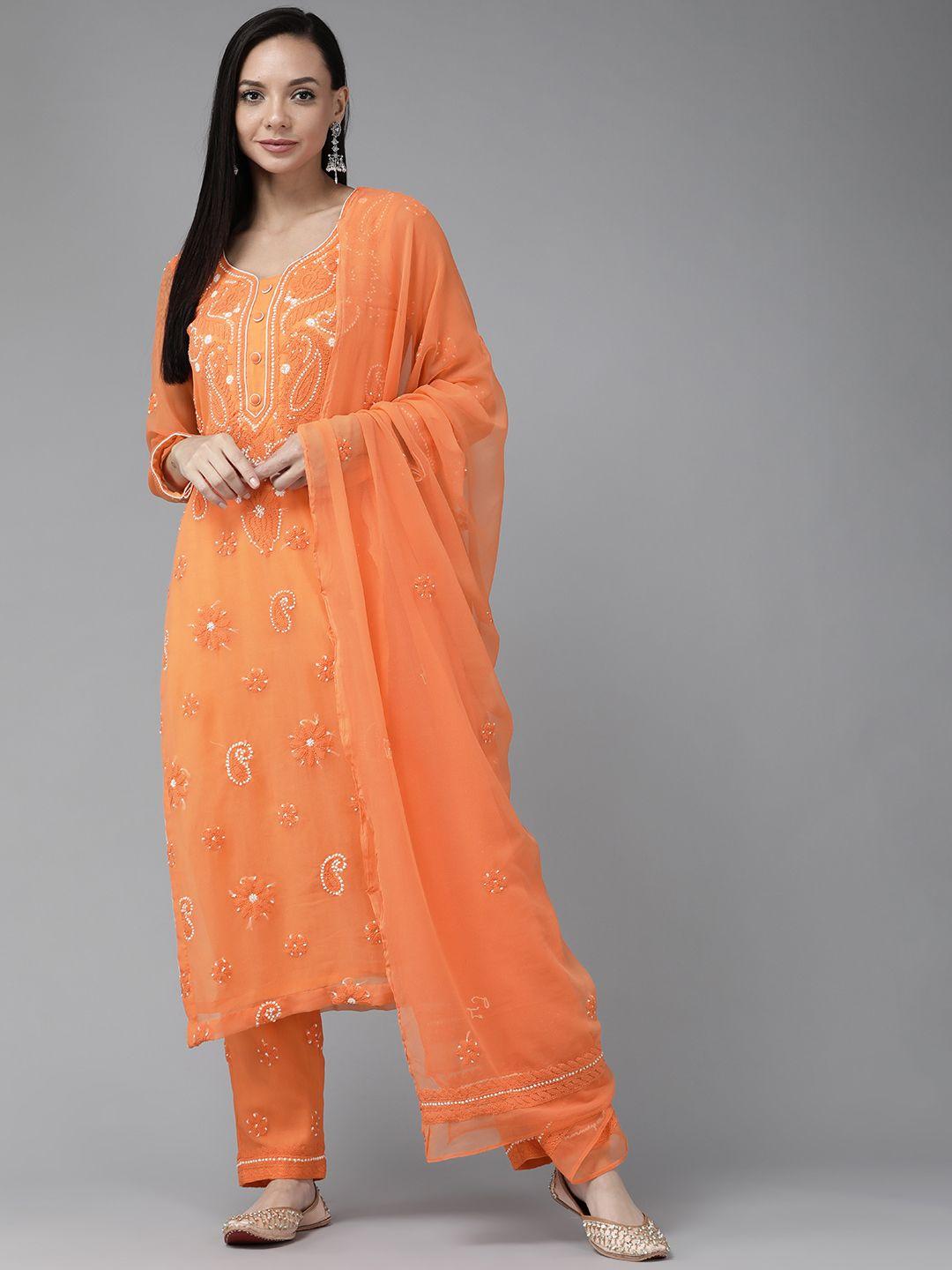 ada women orange & white embroidered handloom unstitched dress material