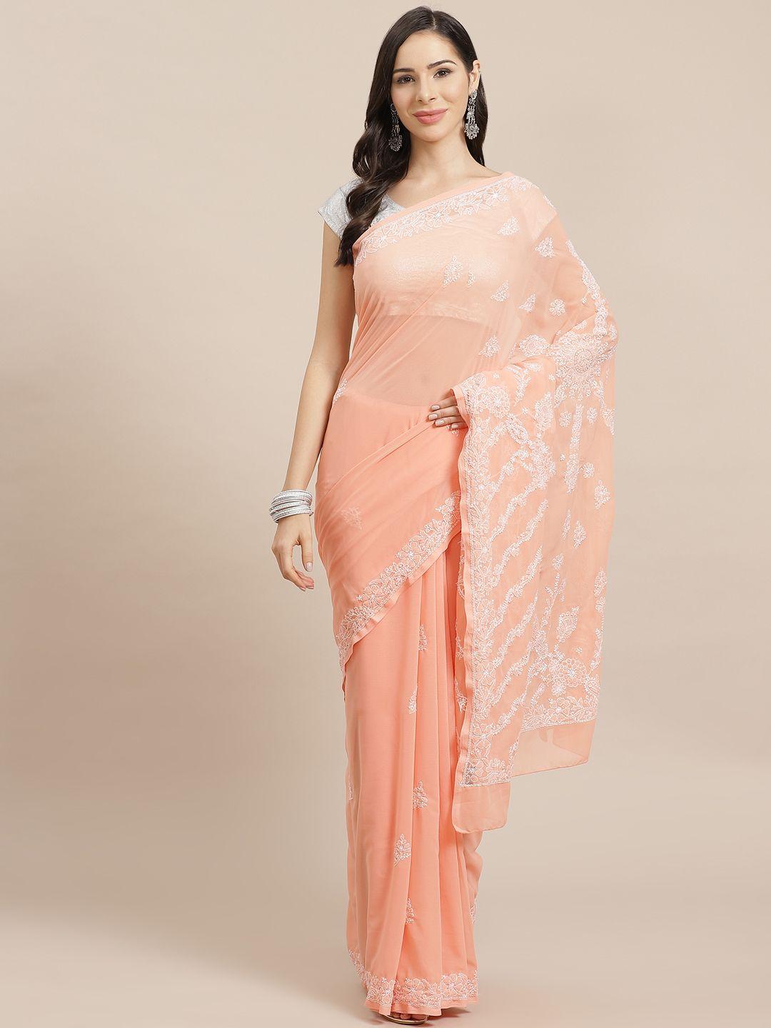 ada women peach-coloured & white chikankari embroidered saree