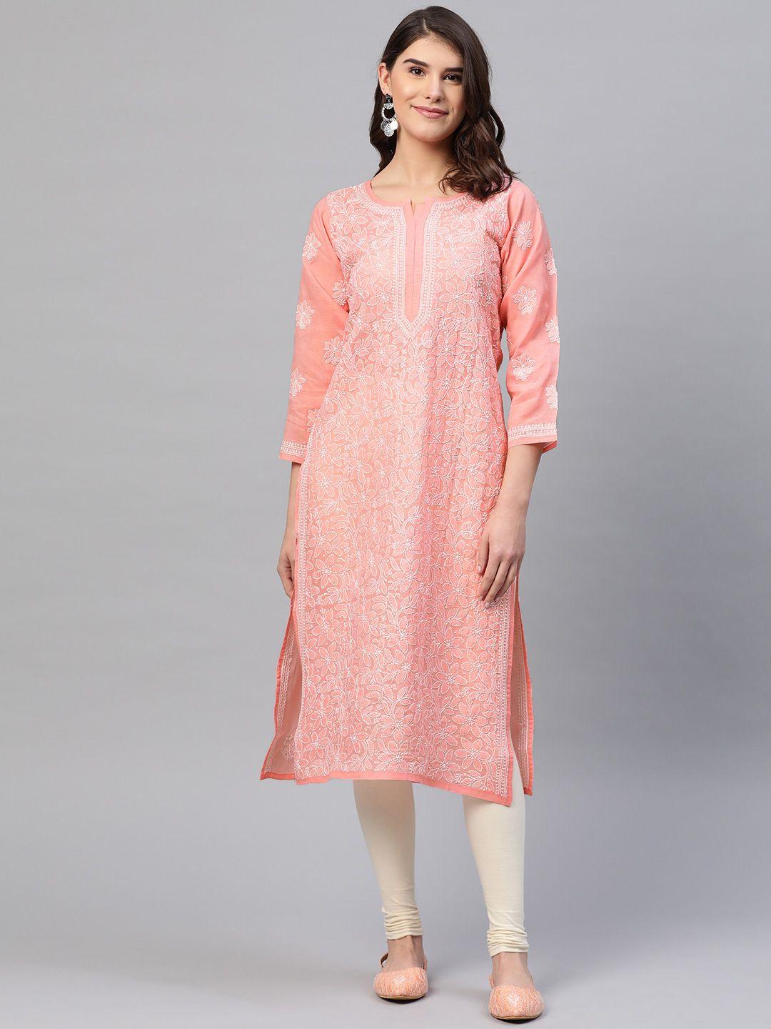 ada women peach-coloured & white chikankari embroidered straight sustainable handloom kurta