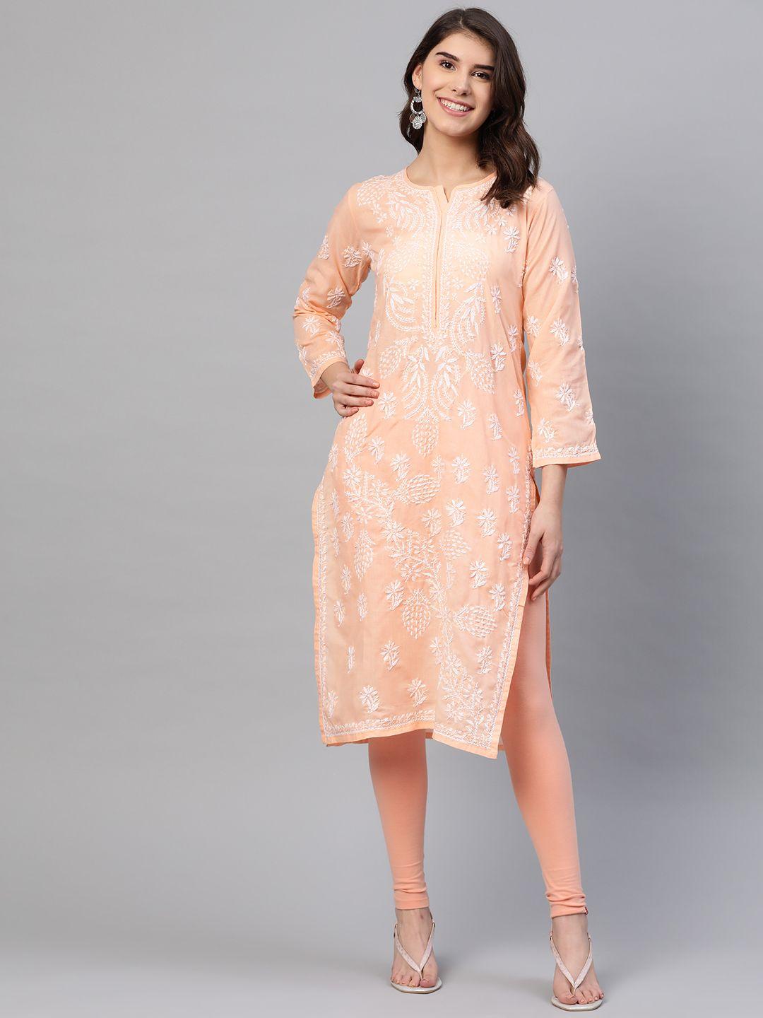 ada women peach-coloured & white chikankari embroidered straight sustainable kurta