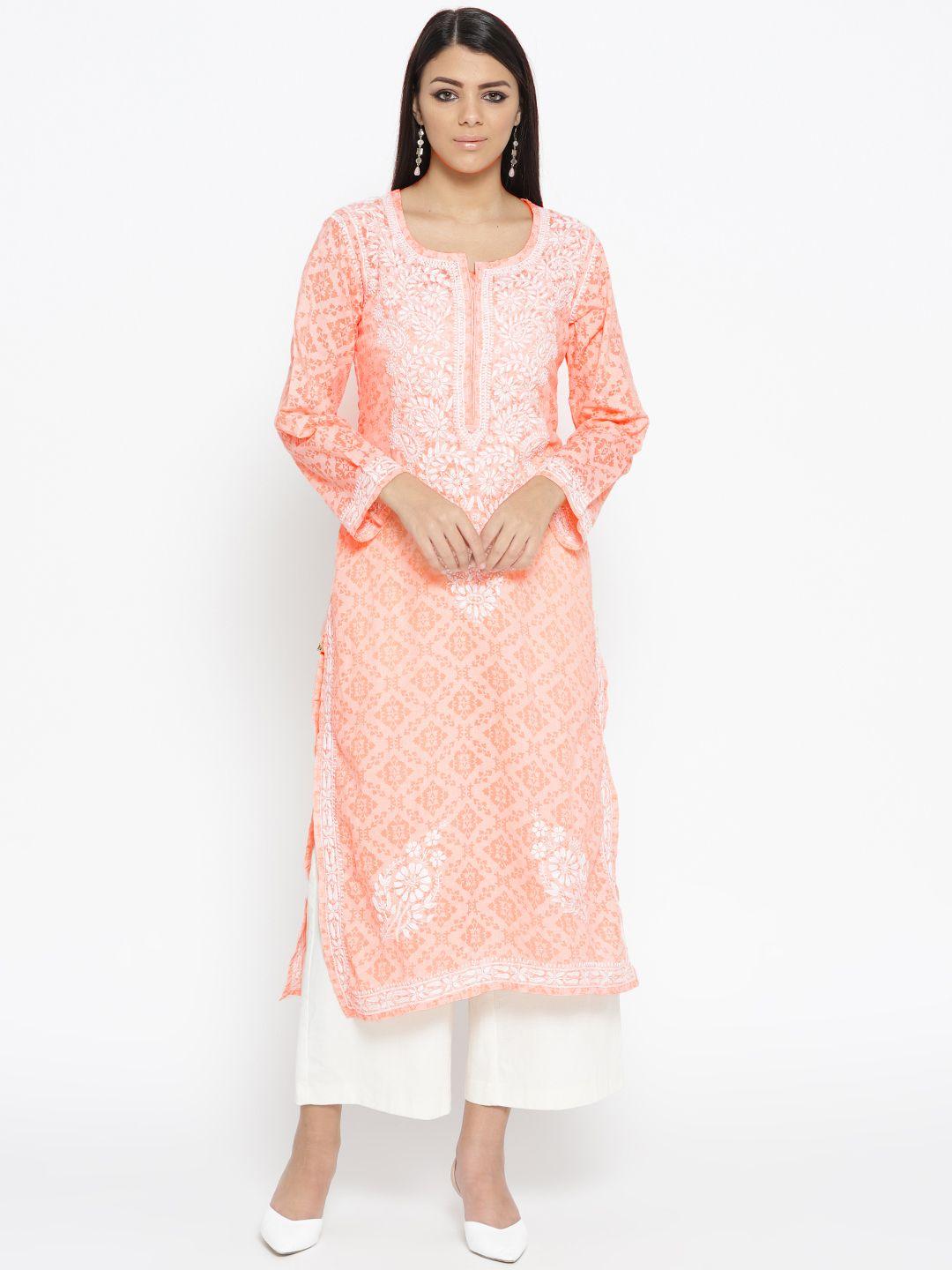 ada women peach-coloured & white self-design chikankari embroidered straight sustainable handloom kurta