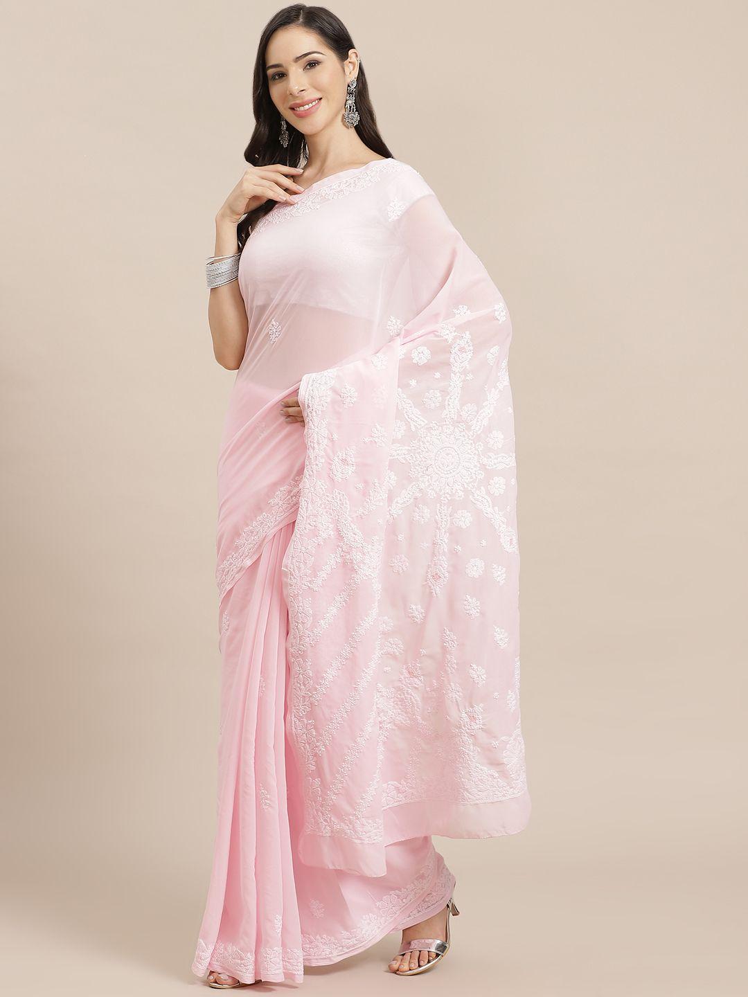 ada women pink & white chikankari embroidered saree