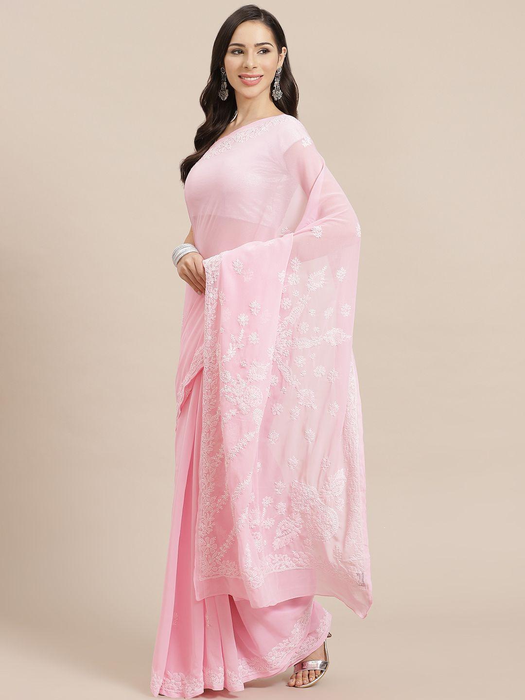 ada women pink & white chikankari embroidered saree