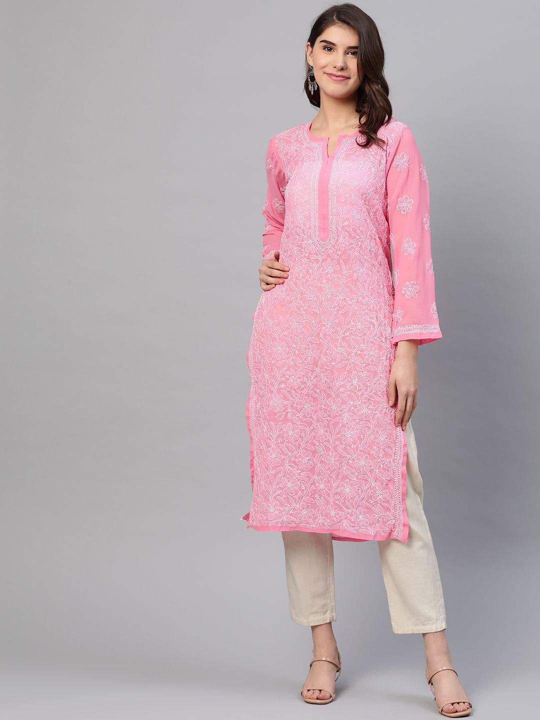 ada women pink & white chikankari embroidered straight sustainable handloom kurta