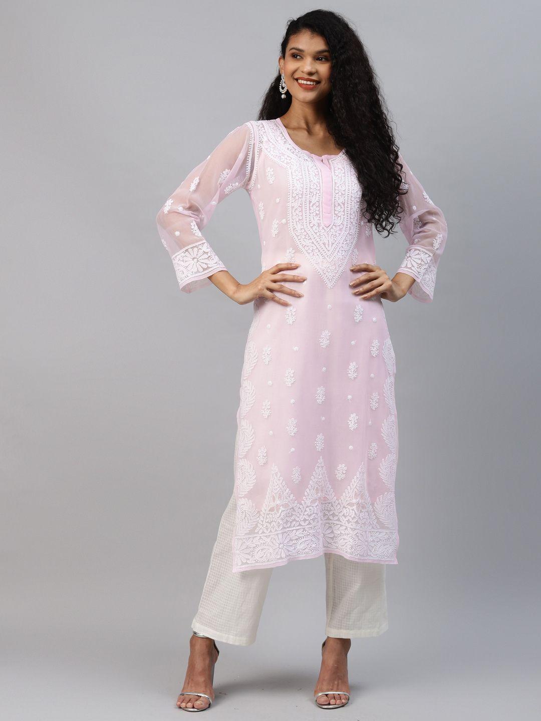 ada women pink & white chikankari hand embroidered straight kurta with matching slip