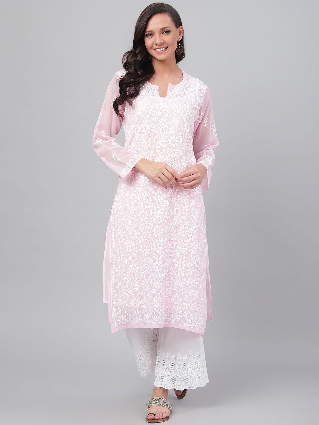 ada women pink & white chikankari hand embroidered straight kurta