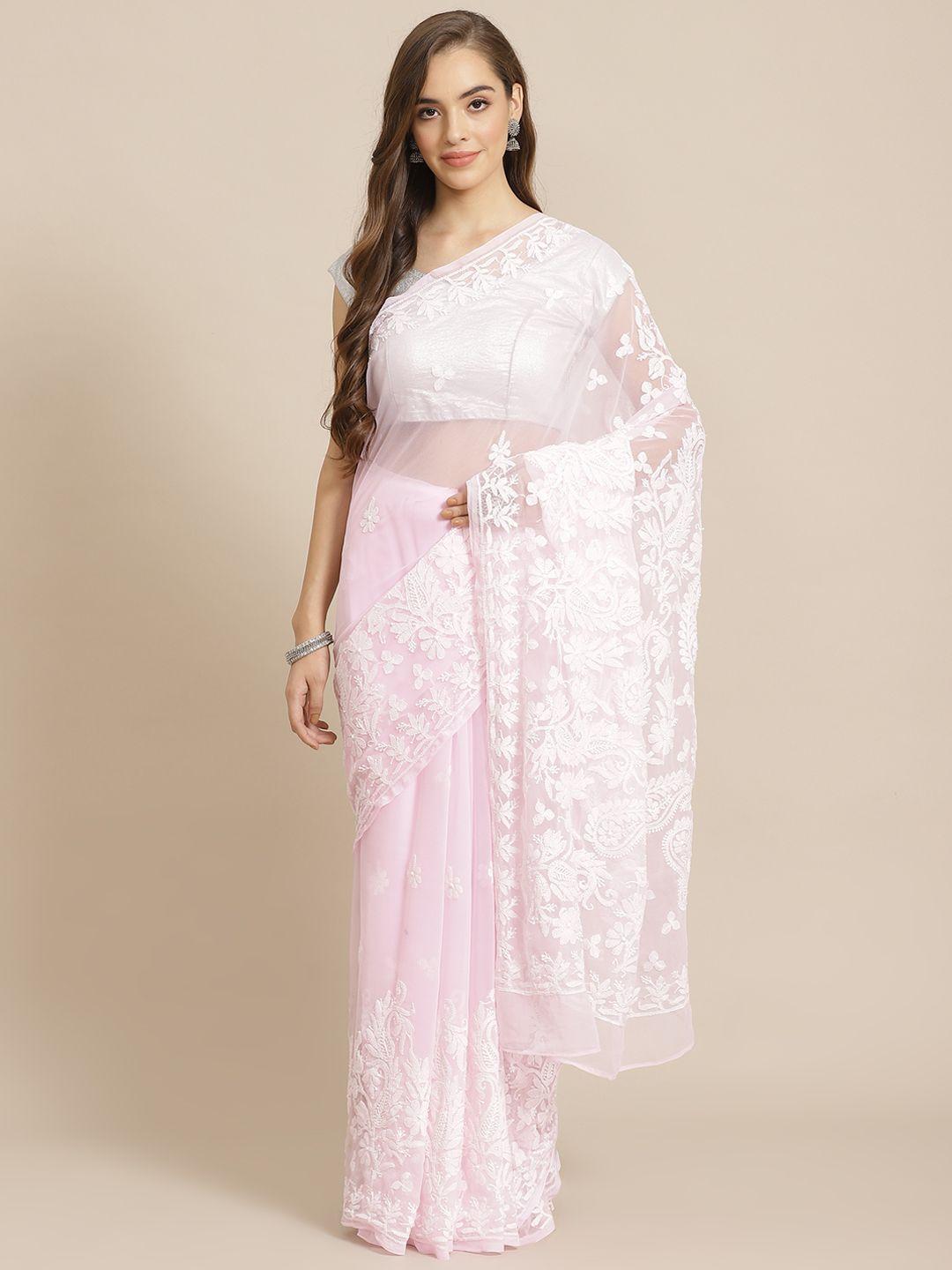 ada women pink & white poly georgette chikankari embroidered handloom saree