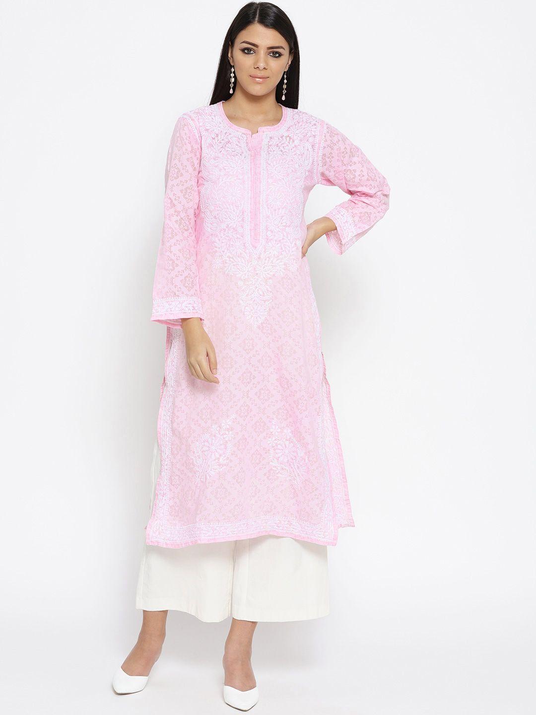 ada women pink & white printed chikankari straight sustainable handloom kurta