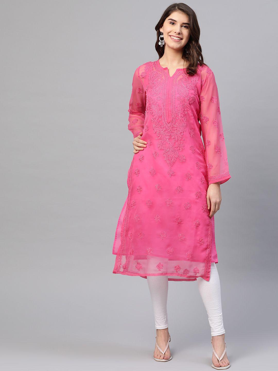 ada women pink chikankari embroidered straight sustainable kurta with inner