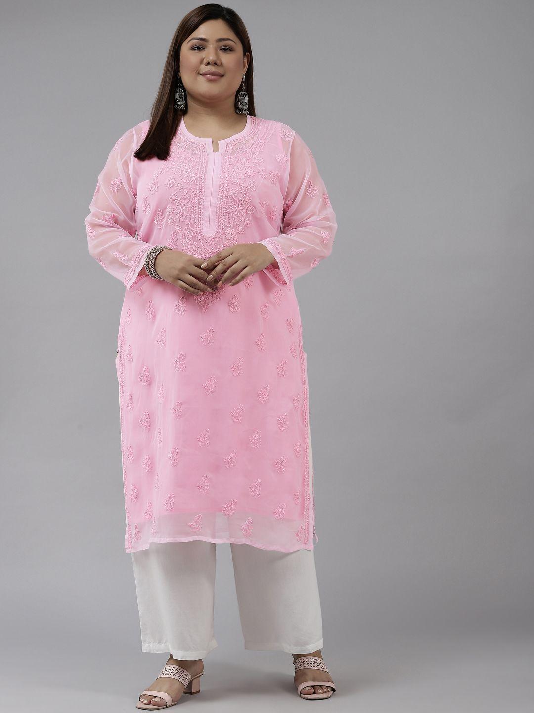 ada women pink ethnic motifs plus size chikankari georgette kurta with slip