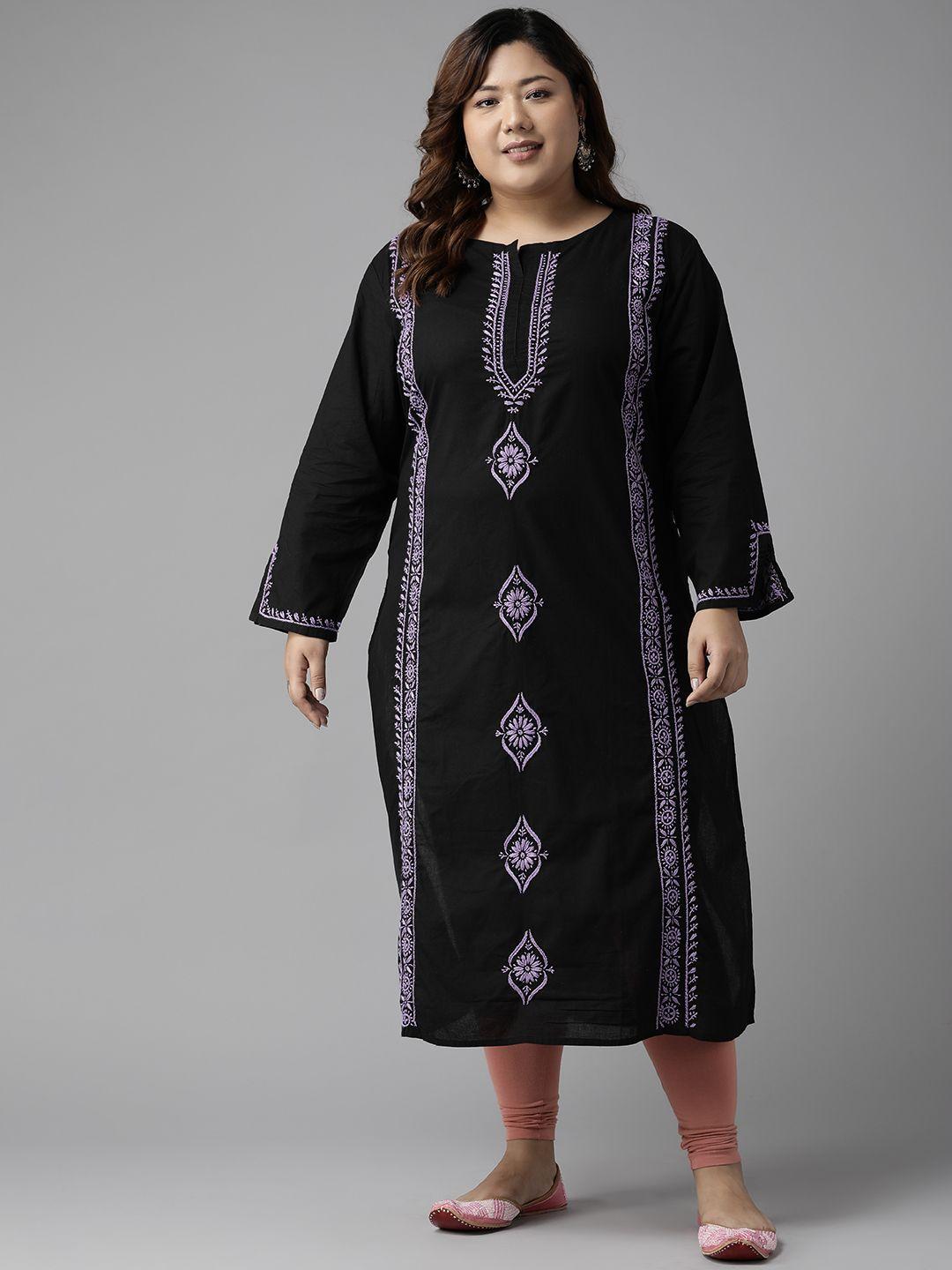 ada women plus size black & mauve floral embroidered chikankari kurta