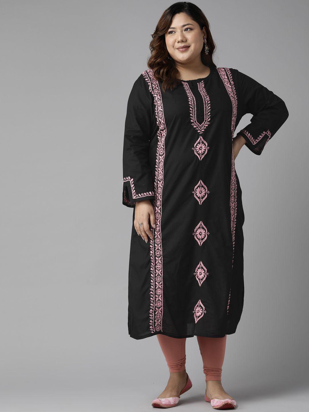 ada women plus size black & pink floral embroidered chikankari kurta