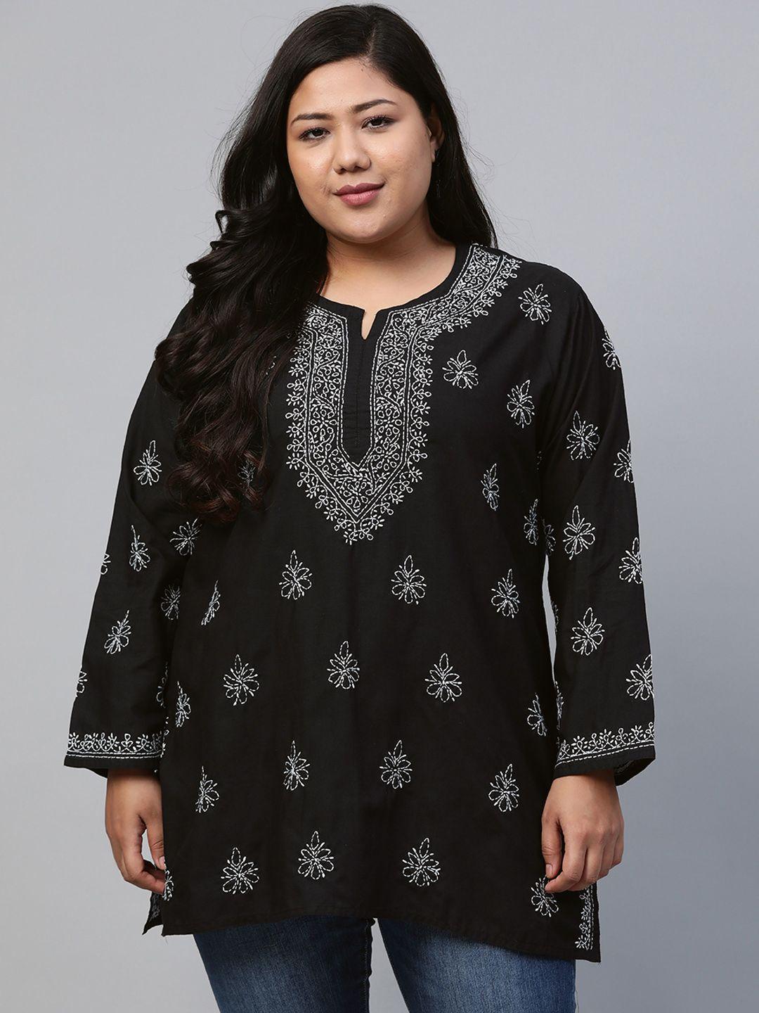 ada women plus size black chikankari embroidered pure cotton kurti