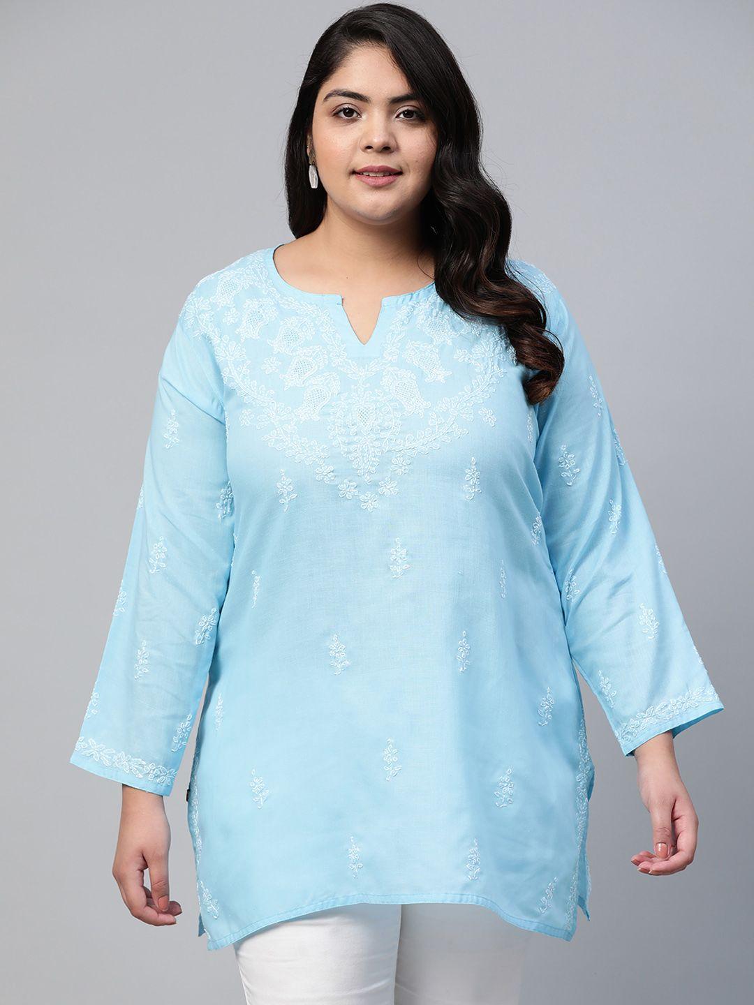 ada women plus size blue chikankari embroidered pure cotton kurti