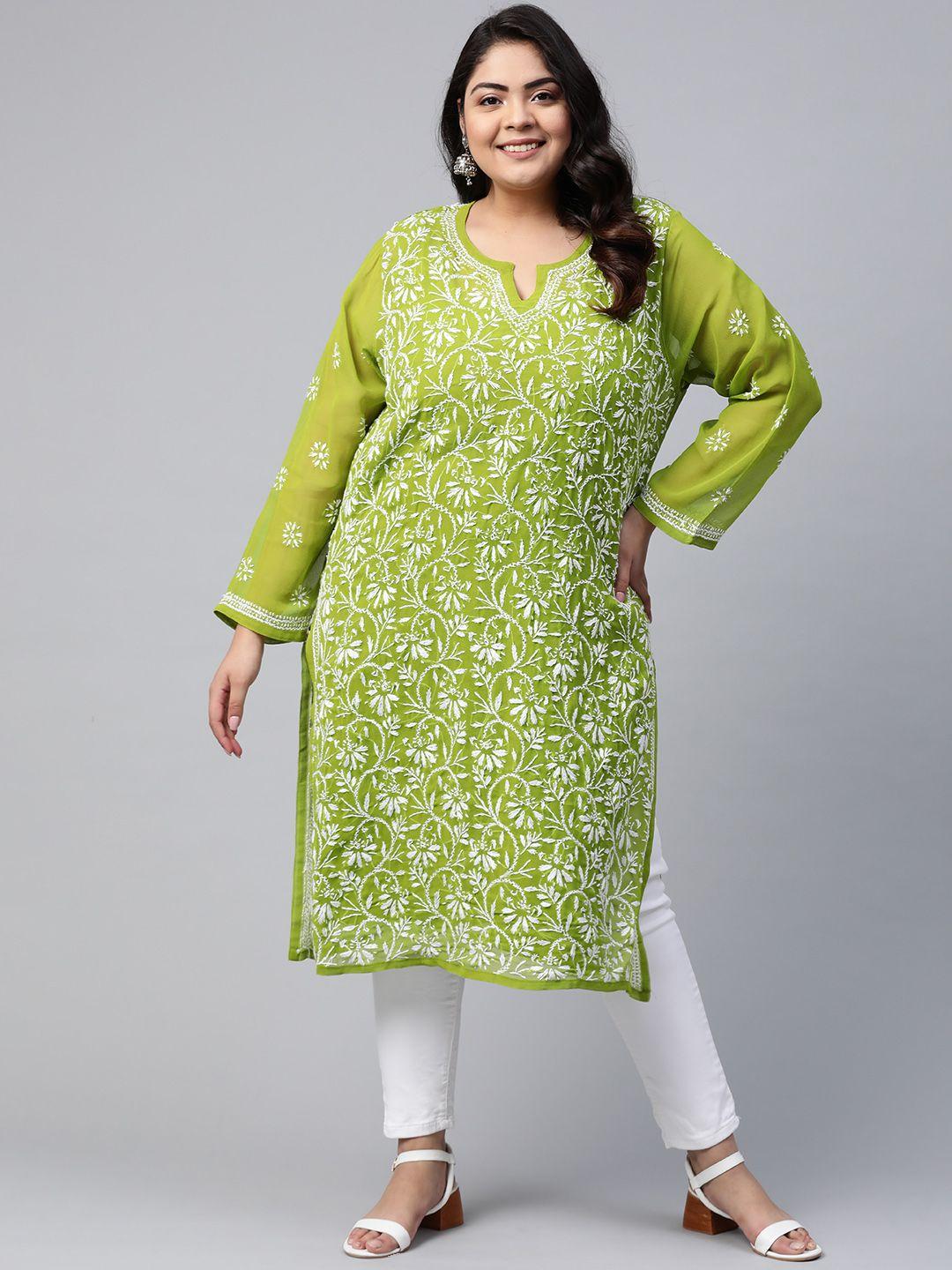 ada women plus size green & white ethnic motifs chikankari embroidered georgette kurta with slip