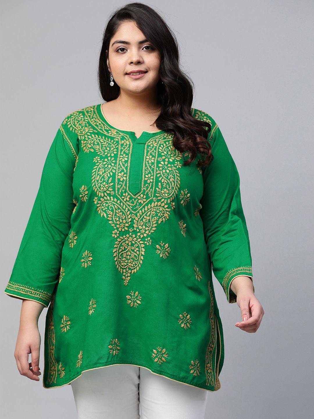 ada women plus size green chikankari embroidered pure cotton handloom kurti