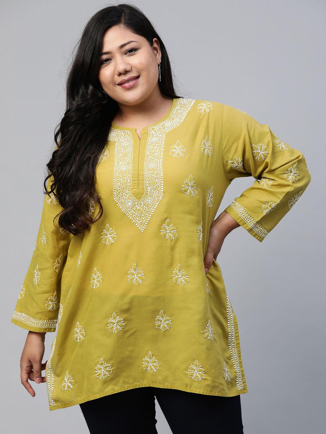 ada women plus size green chikankari embroidered pure cotton kurti