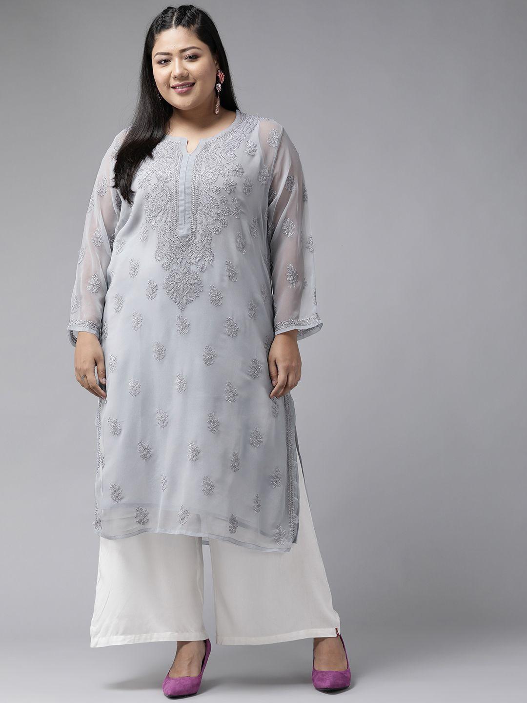 ada women plus size grey ethnic motifs chikankari embroidered georgette handloom kurta with slip