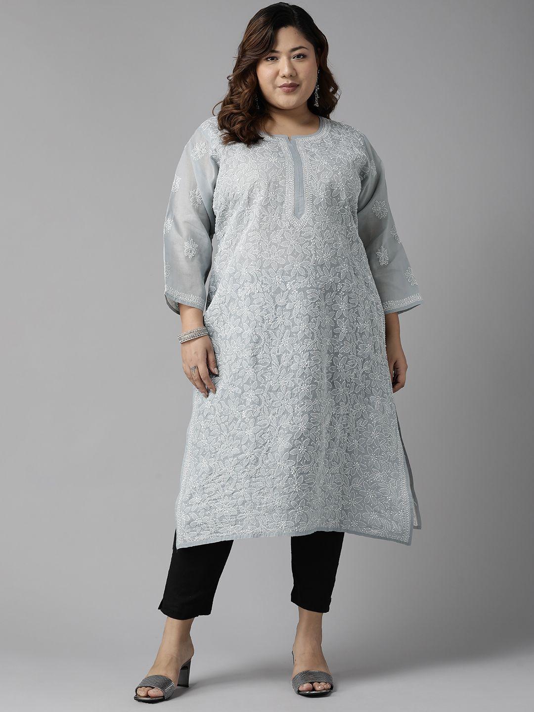 ada women plus size grey floral embroidered chikankari kurta