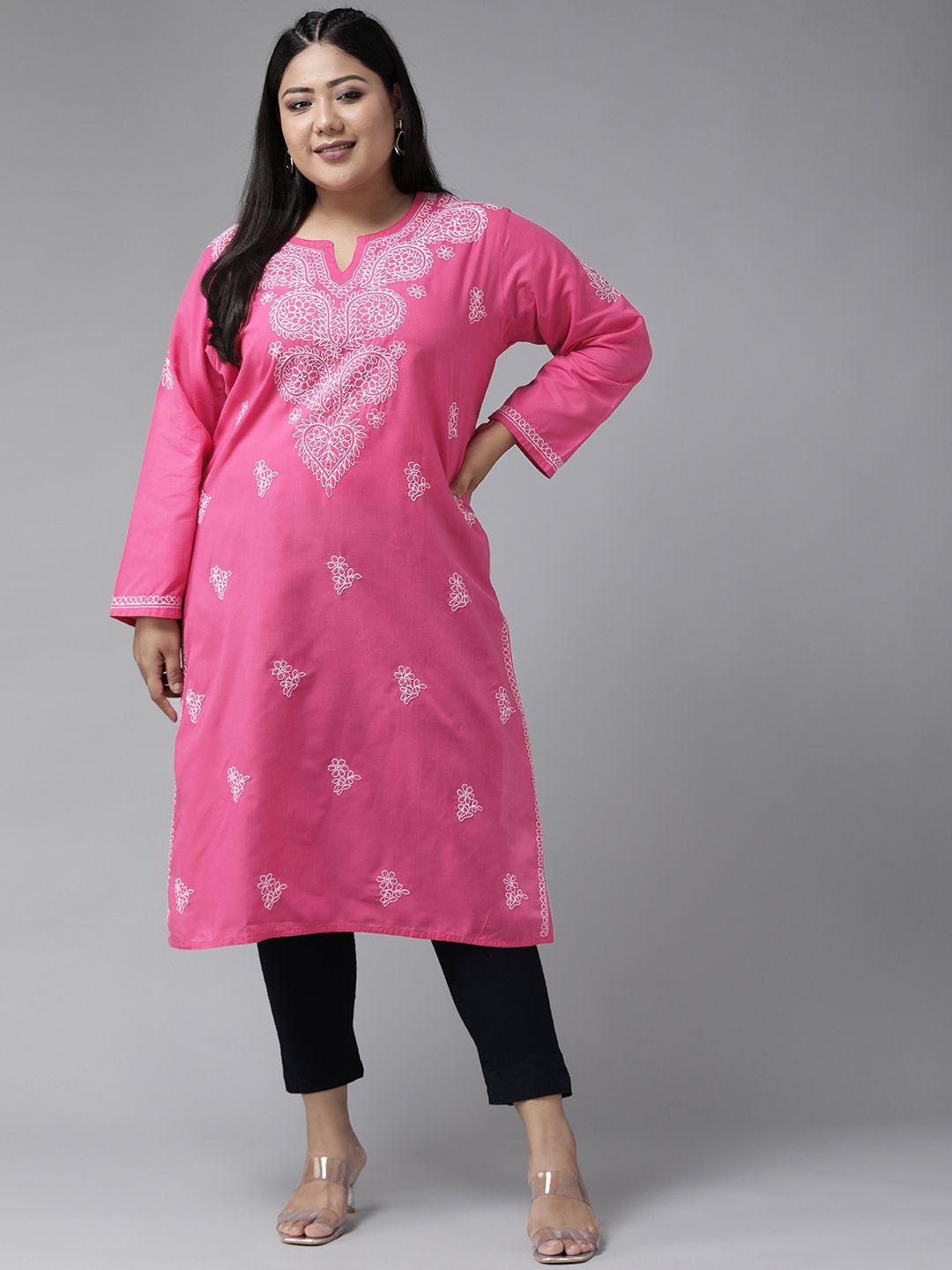 ada women plus size pink & white ethnic motifs pure cotton chikankari embroidered kurta