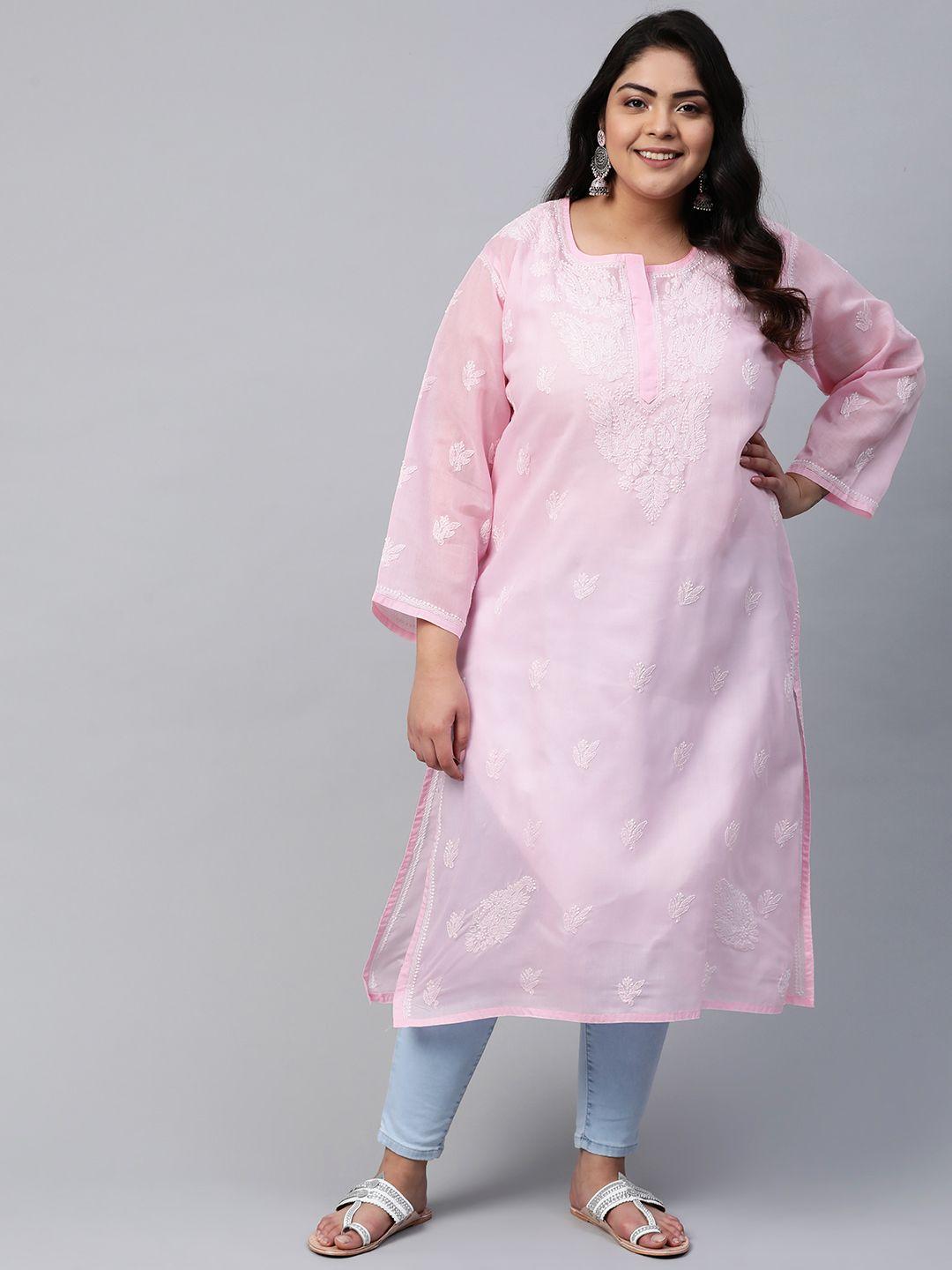 ada women plus size pink & white pure cotton ethnic motifs embroidered chikankari kurta