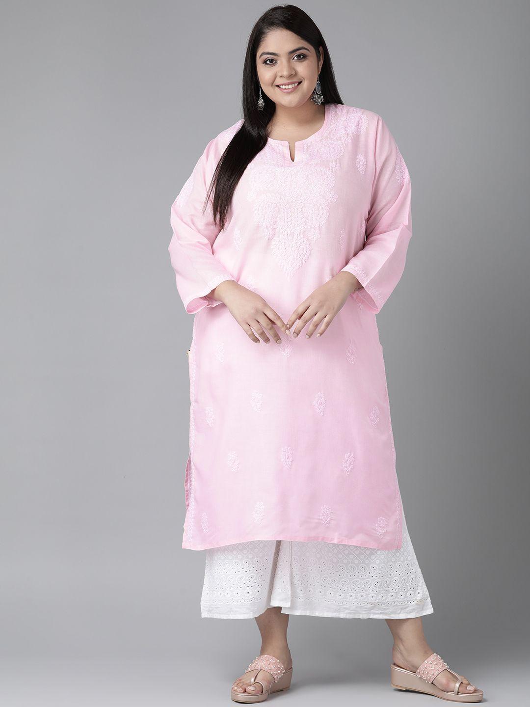 ada women plus size pink chikankari embroidered sustainable handloom kurta