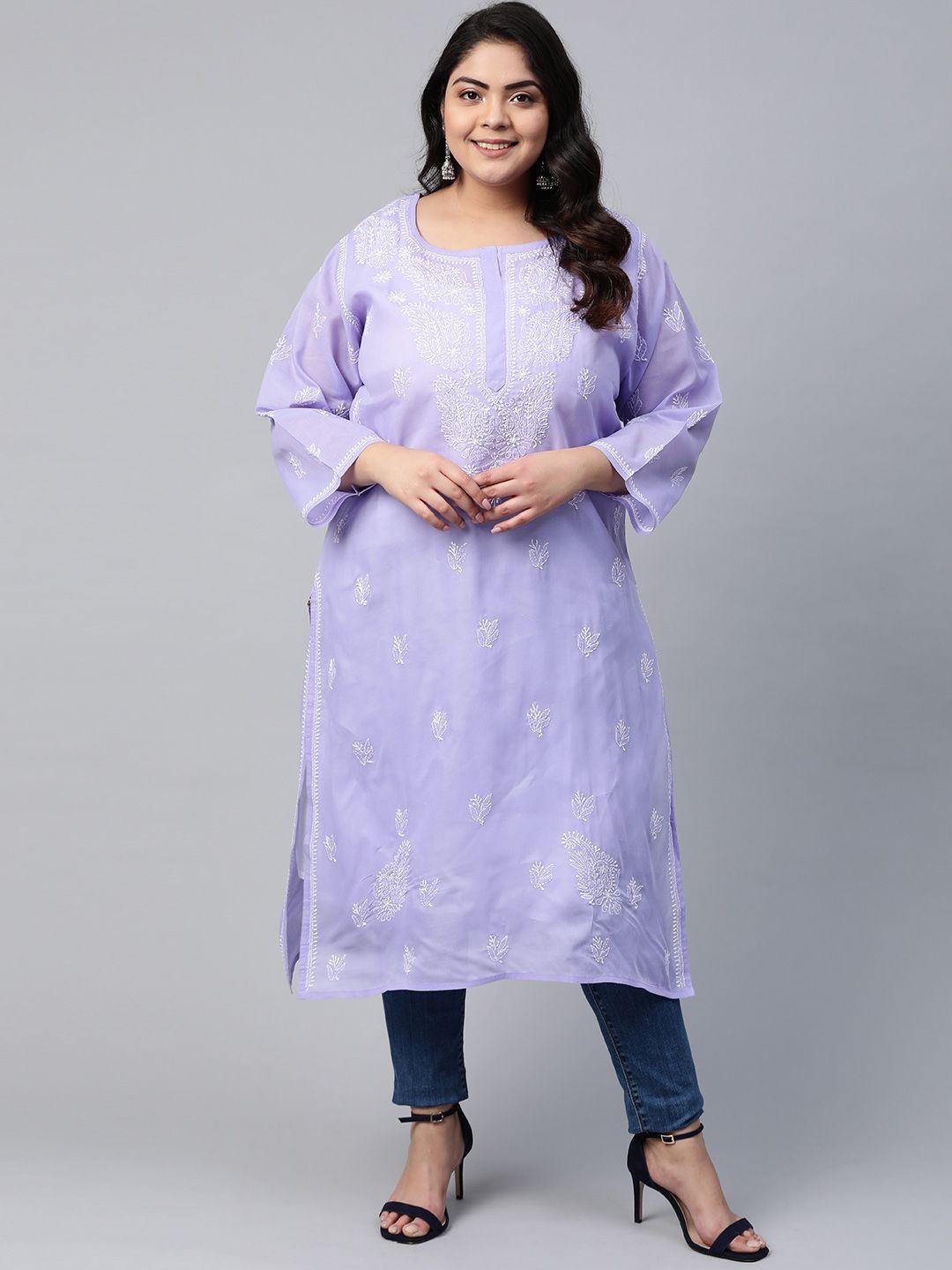 ada women plus size purple & white pure cotton ethnic motifs embroidered chikankari kurta