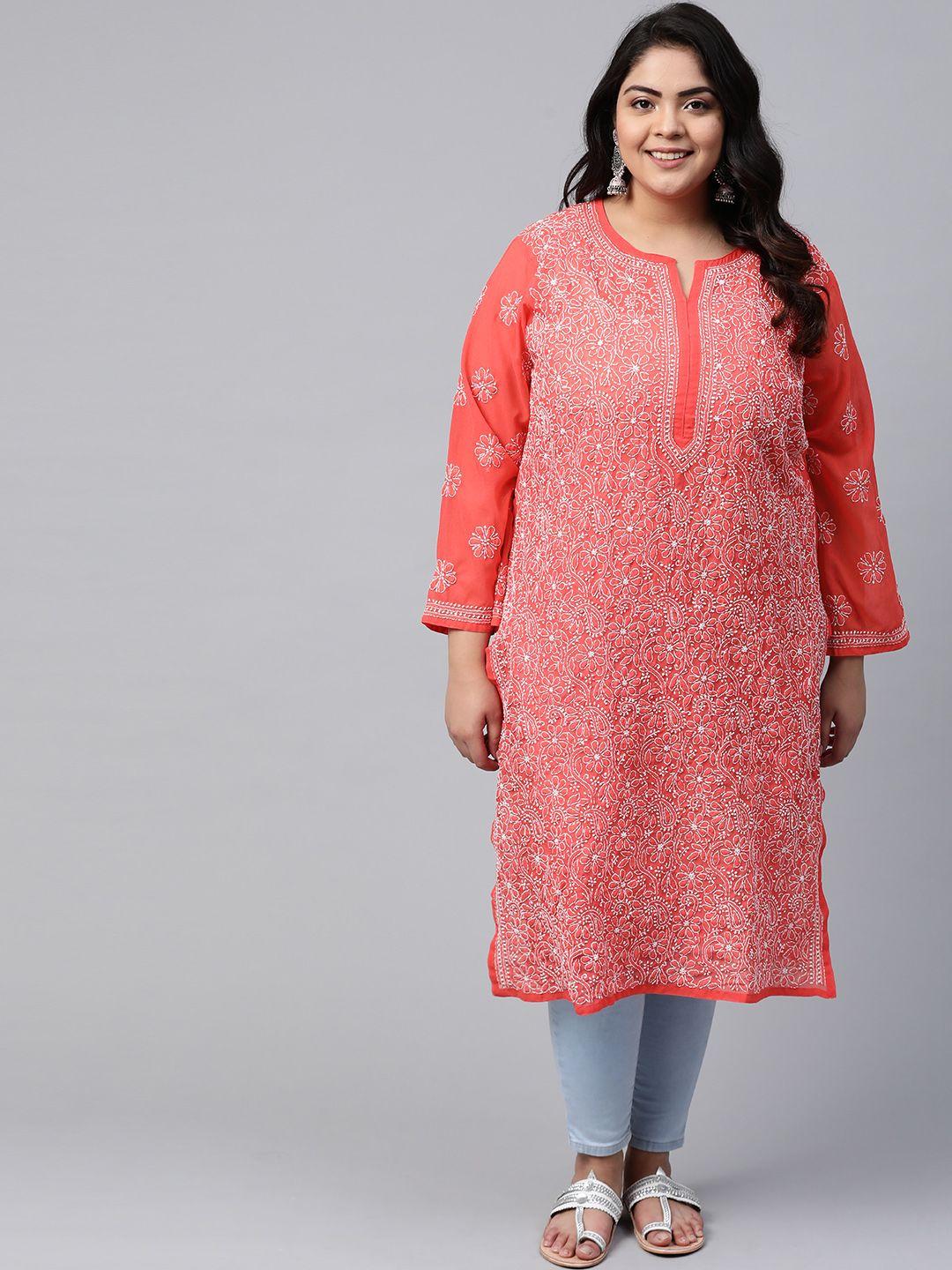 ada women plus size red & white ethnic motifs embroidered chikankari handloom kurta