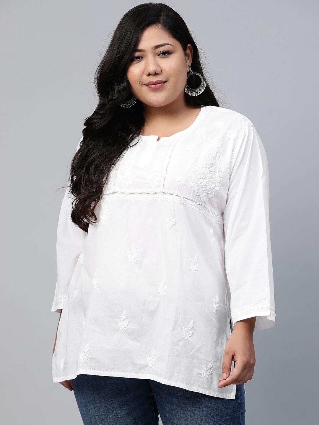 ada women plus size white chikankari embroidered pure cotton handloom kurti
