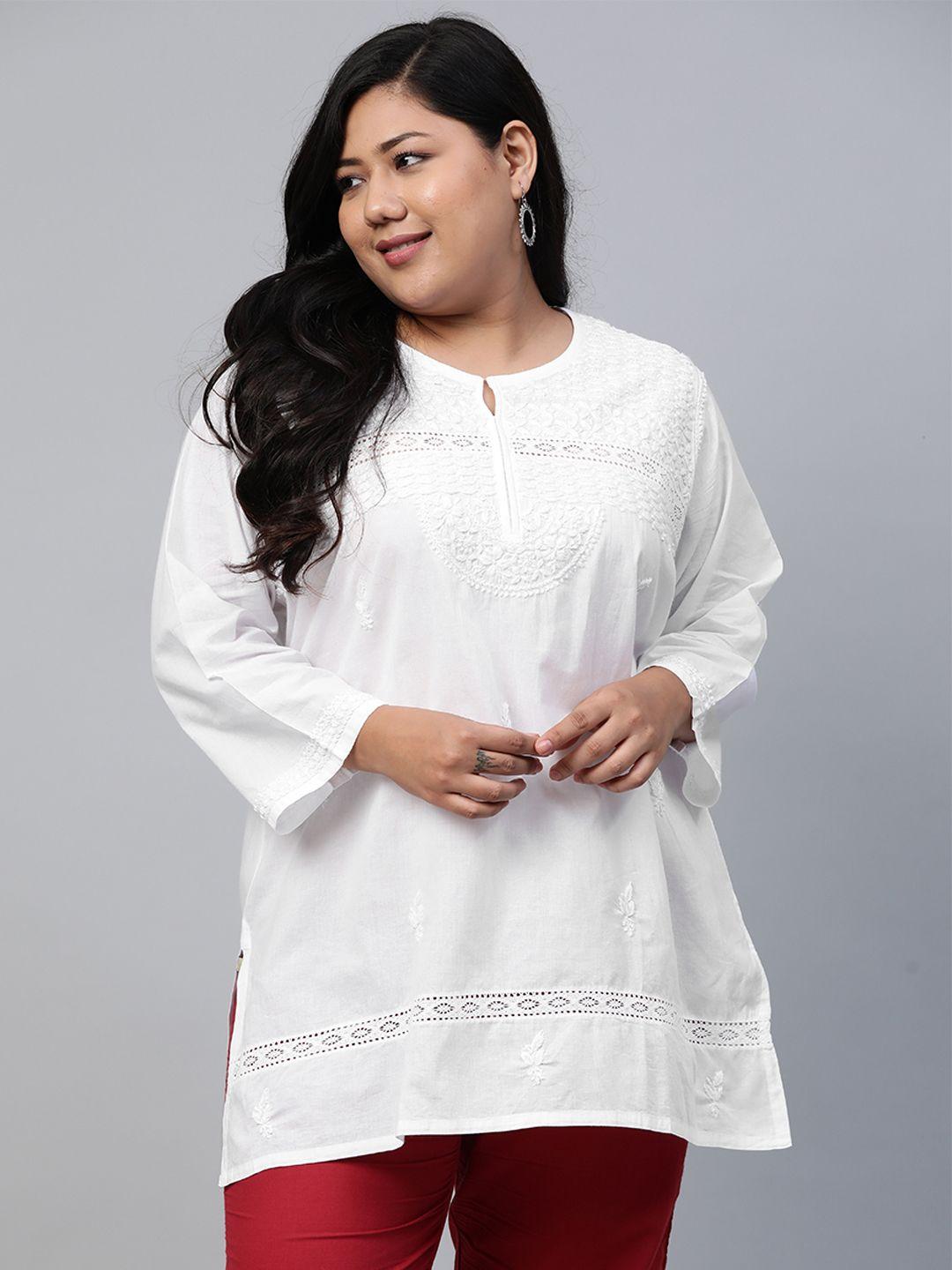 ada women plus size white chikankari embroidered pure cotton kurti
