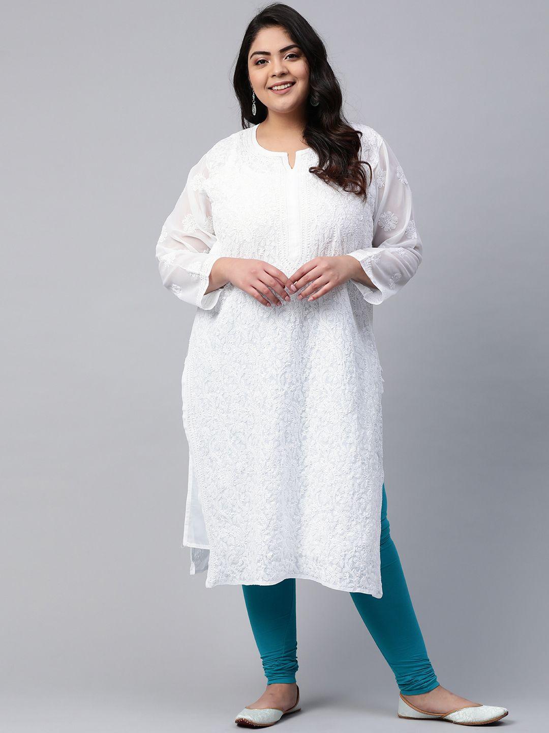 ada women plus size white floral embroidered chikankari handloom kurta