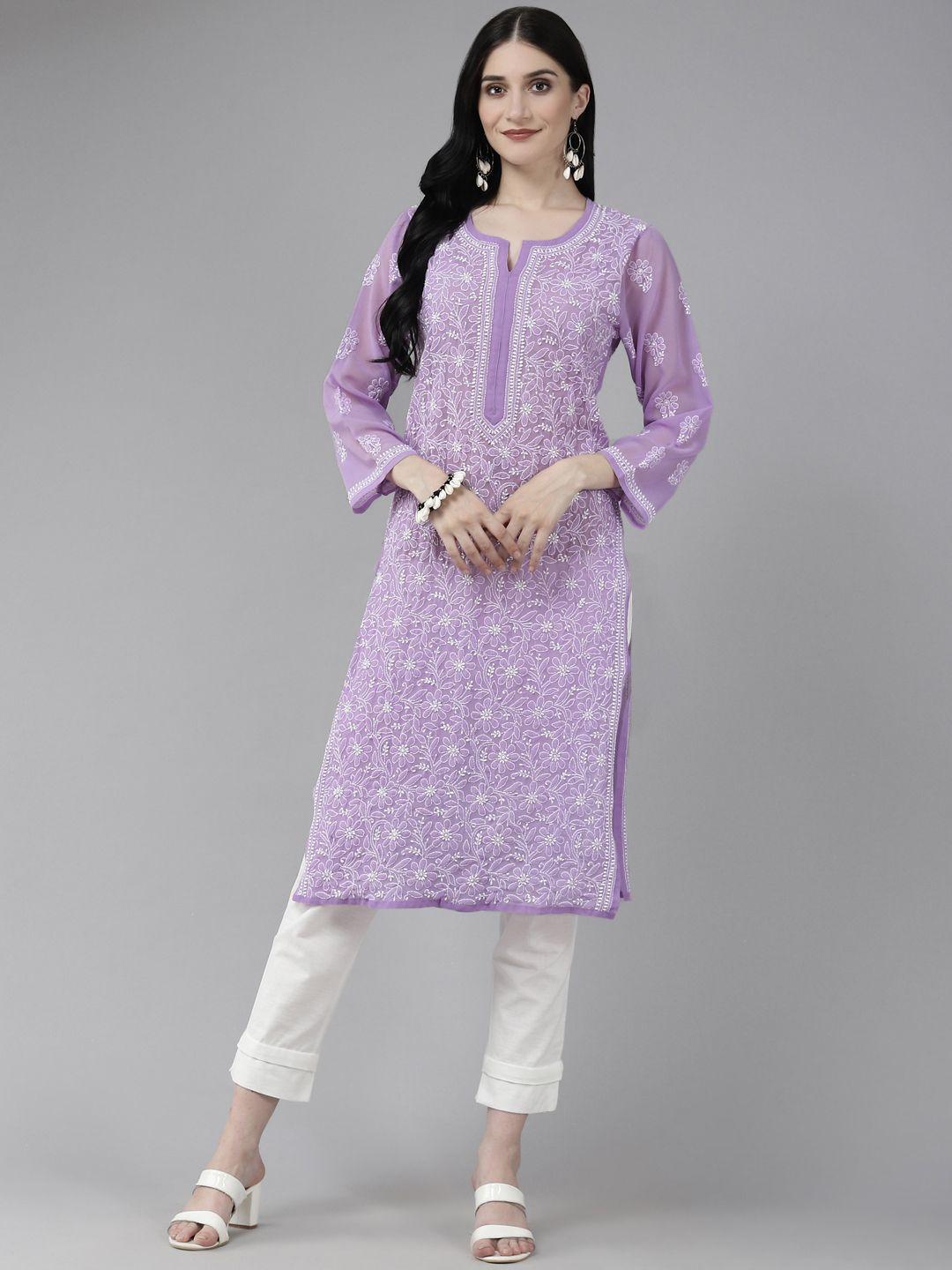 ada women purple & white ethnic motifs embroidered chikankari georgette kurta