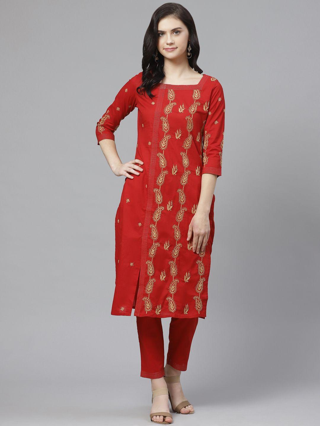 ada women red & beige paisley chikankari embroidered sustainable handloom kurta with trousers