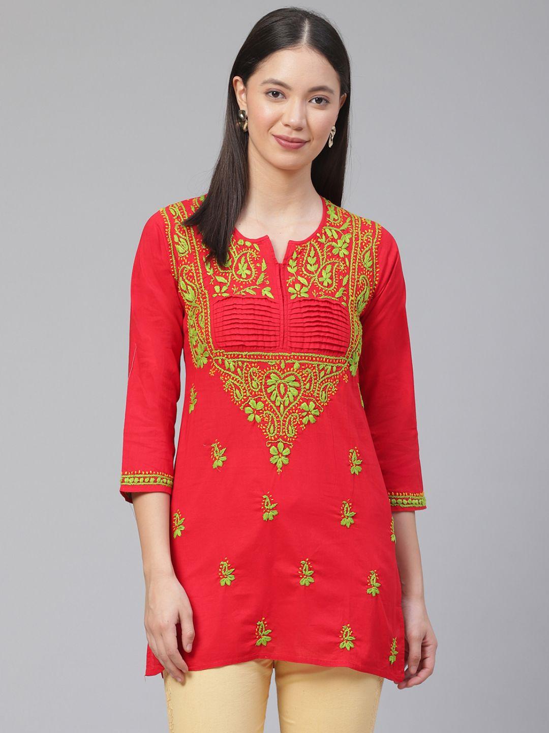 ada women red & green chikankari embroidered pure cotton straight sustainable handloom kurti
