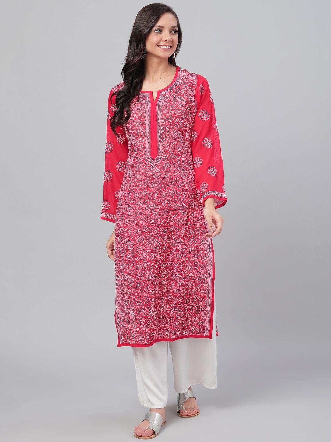 ada women red & white chikankari embroidered straight sustainable handloom kurta