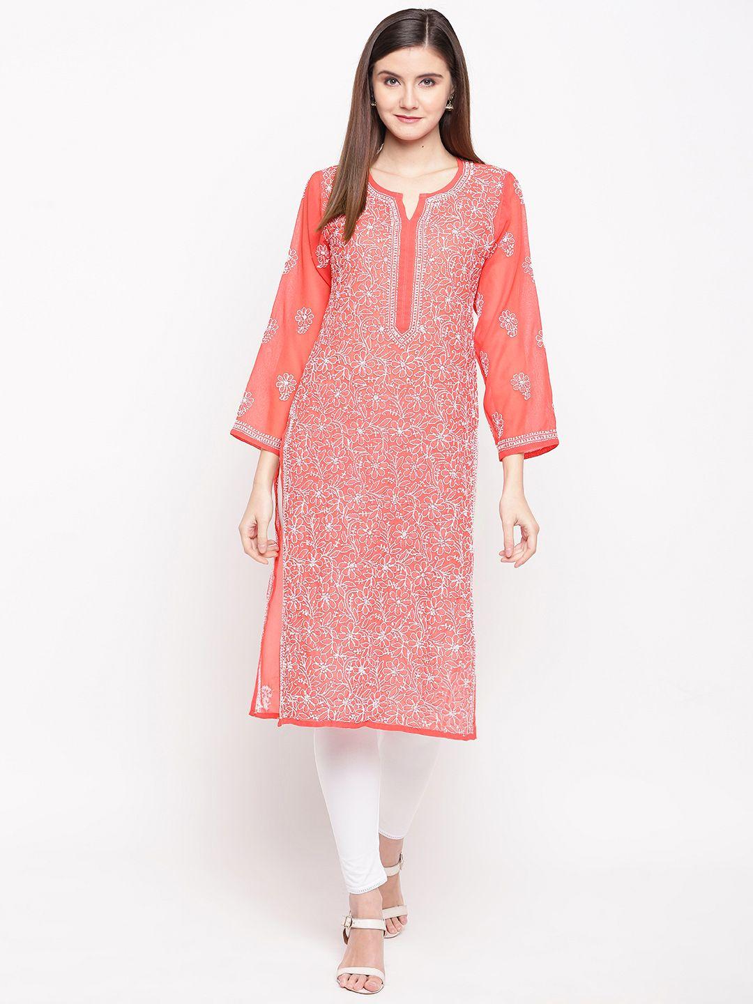 ada women red & white chikankari hand embroidered semi-sheer straight sustainable kurta