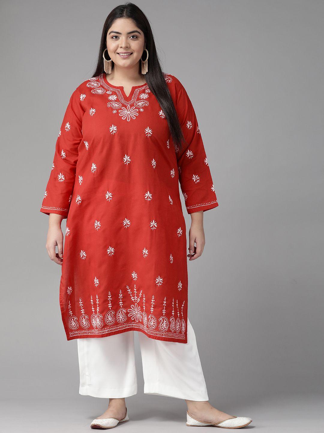 ada women red & white ethnic motifs embroidered chikankari handloom kurta