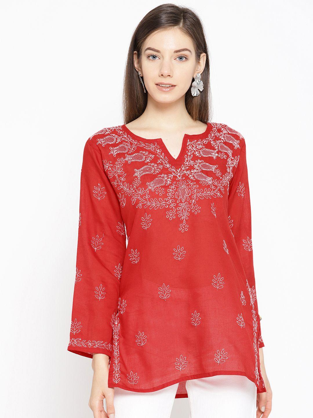 ada women red chikankari embroidered pure cotton semi-sheer straight kurti