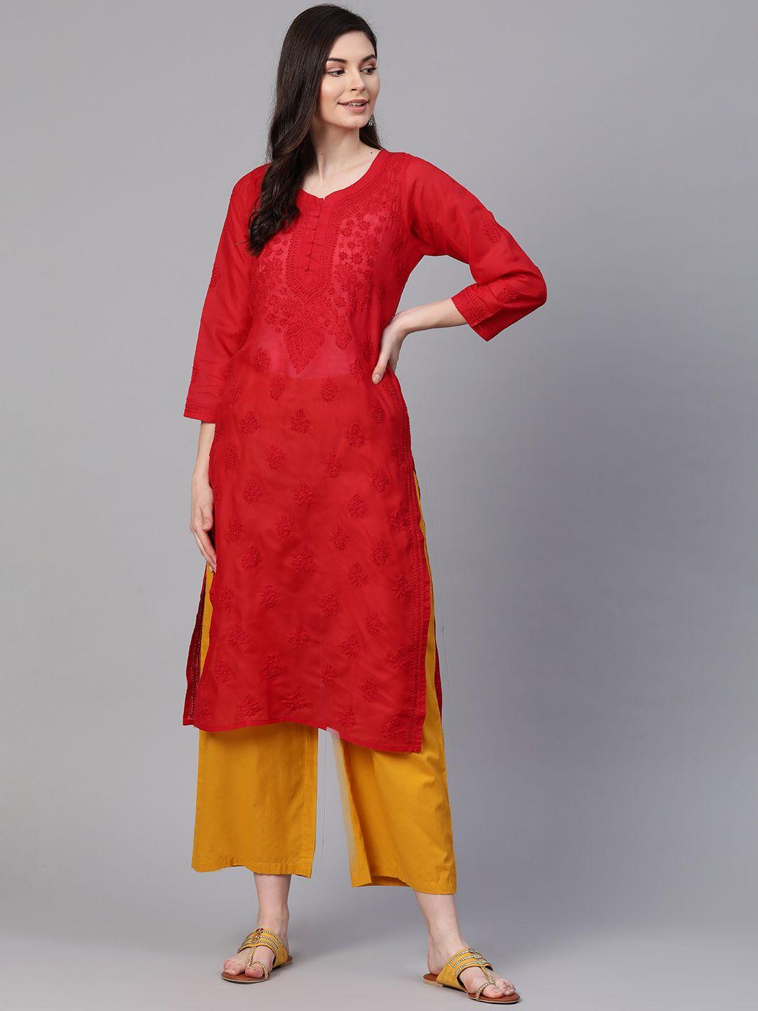 ada women red chikankari hand embroidered semi sheer sustainable handloom kurta