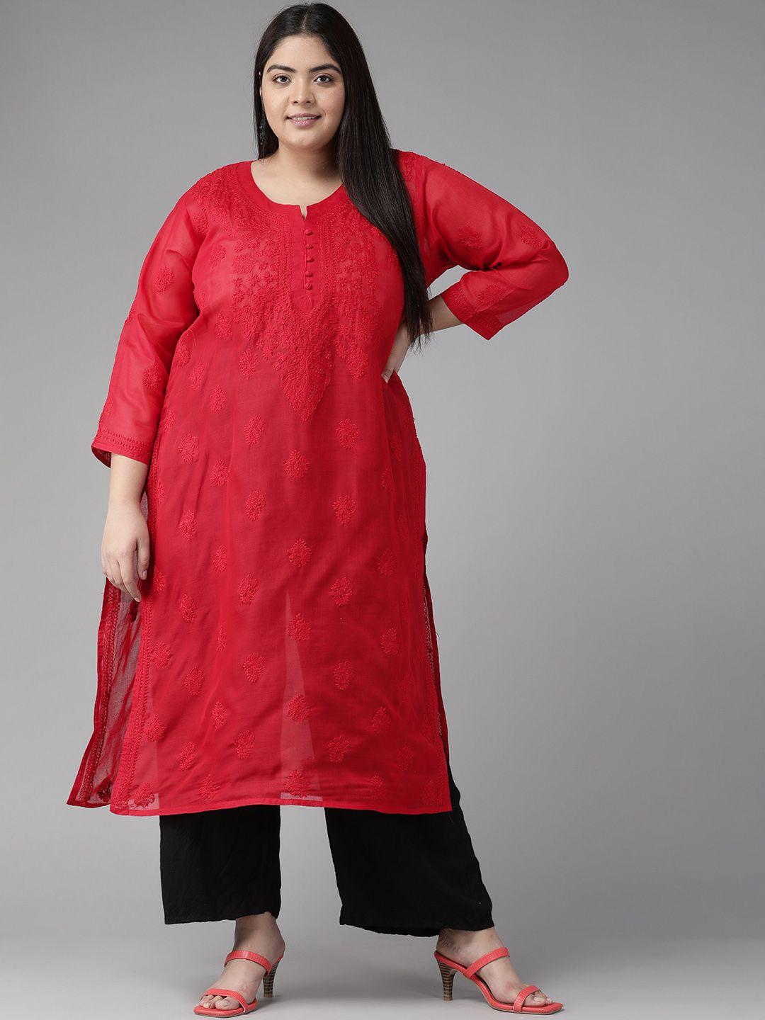 ada women red ethnic motifs embroidered chikankari handloom kurta