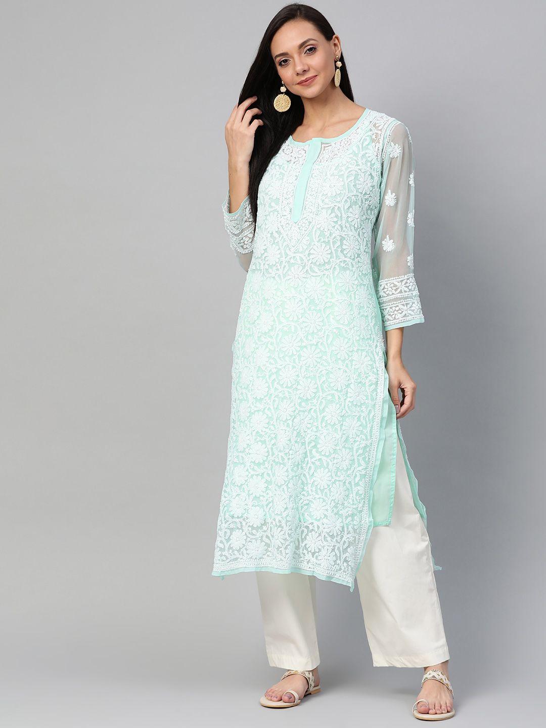 ada women sea green & white chikankari hand embroidered straight sustainable handloom kurta