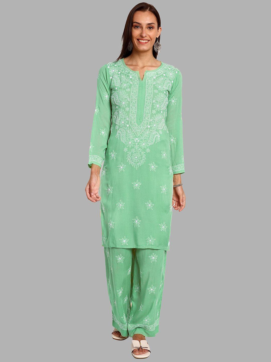 ada women sea green ethnic motifs embroidered regular chikankari kurta with palazzos
