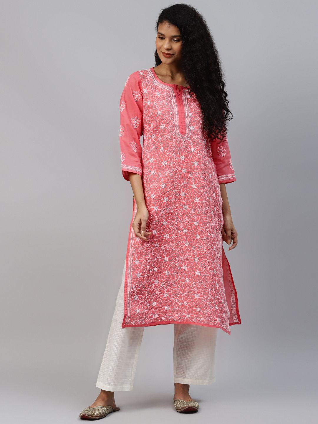 ada women sustainable pink & white ethnic motif chikankari hand embroidered straight kurta