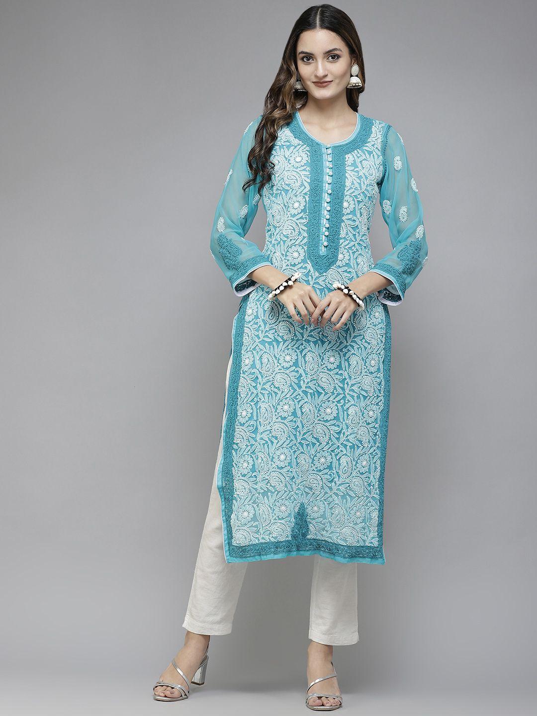 ada women turquoise blue & white embroidered straight lucknow chikankari handloom kurta with slip