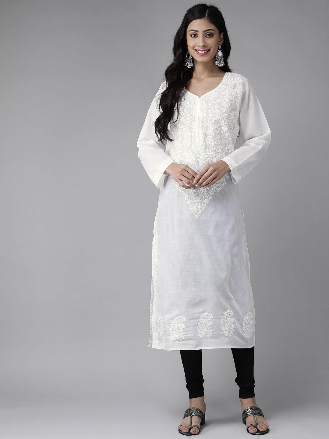 ada women white & black chikankari embroidered handloom kurta with cotton churidar