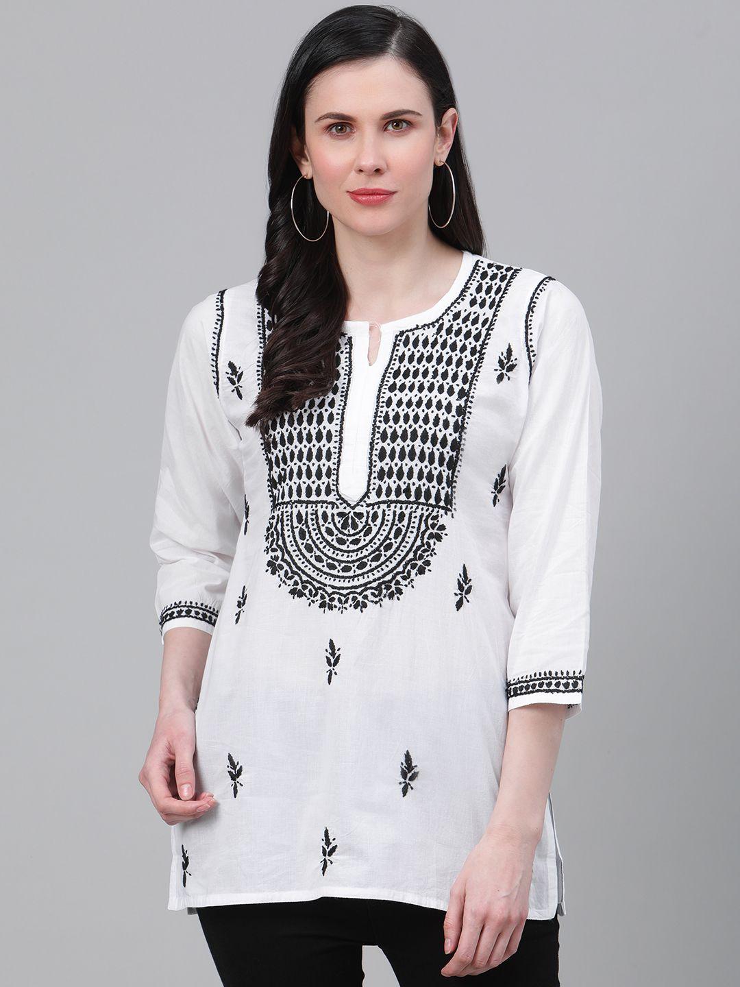 ada women white & black chikankari embroidered straight sustainable pure cotton handloom kurti