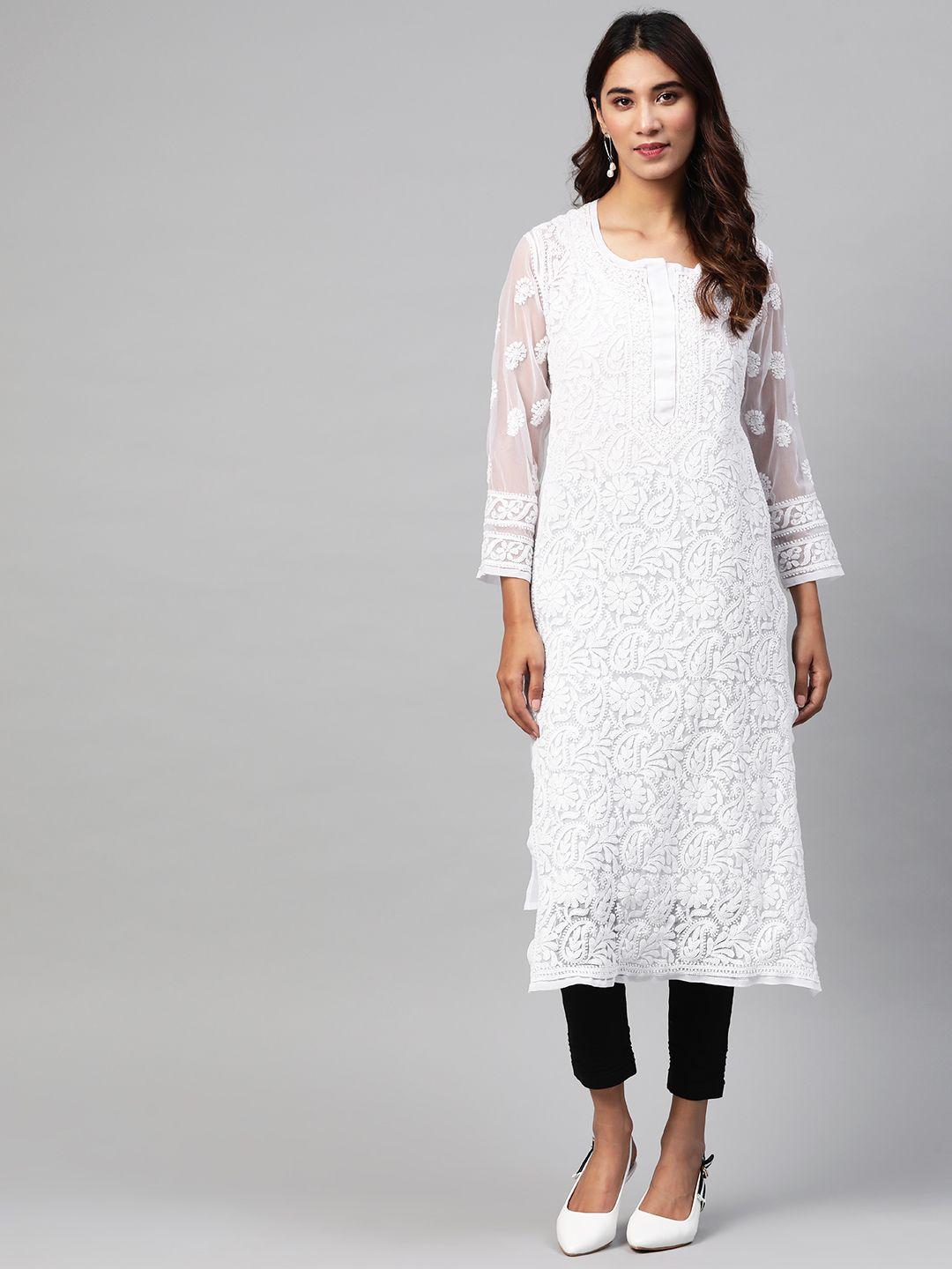 ada women white & black chikankari embroidered sustainable handloom kurta with trousers & inner