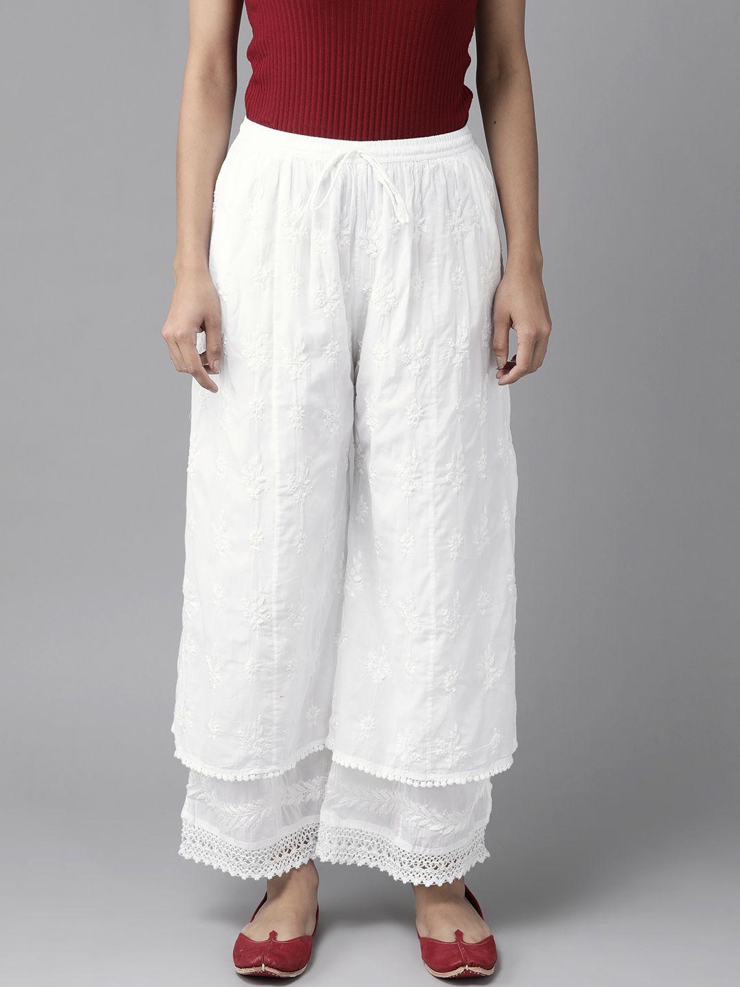 ada women white chikankari hand-embroidered layered cotton wide leg palazzos